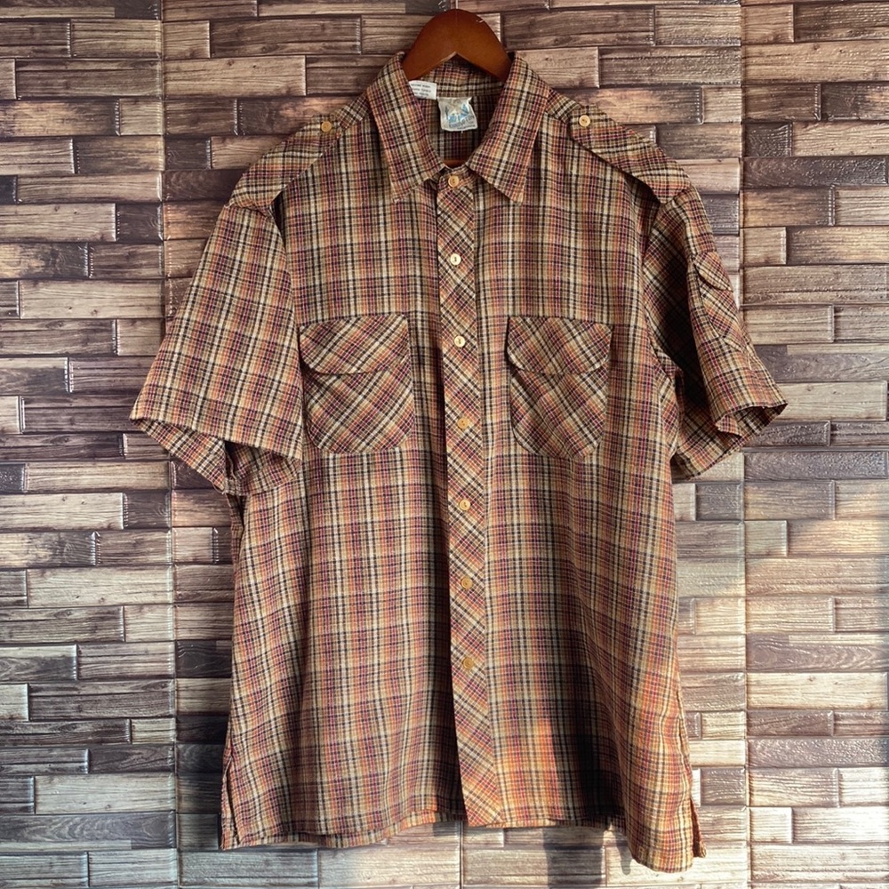 Vtg 70-80s Kennington Mens Thin Plaid Button Front Shirt XL Pocket Flaps